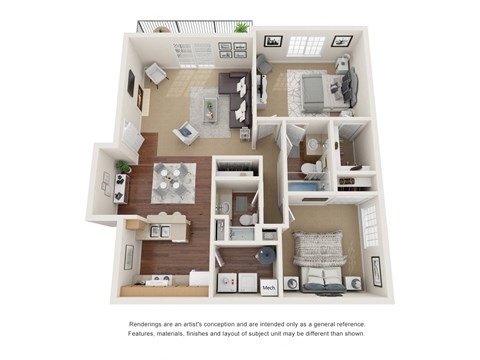 Two bedroom, one and three forths bathroom three-dimensional floor plan layout.